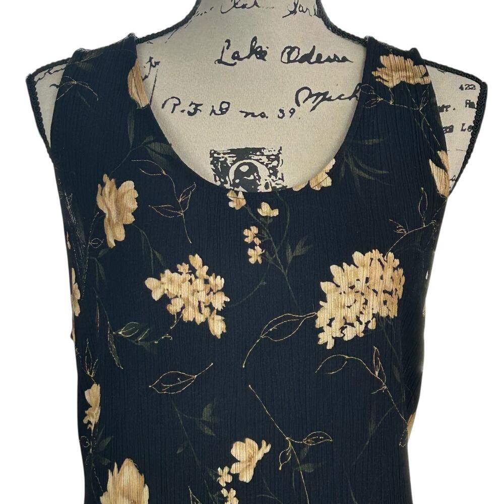 Vintage R&K Originals Dress Size 16 Black Tan Floral Crinkle Crepe Tie Back Maxi - Picture 5 of 10